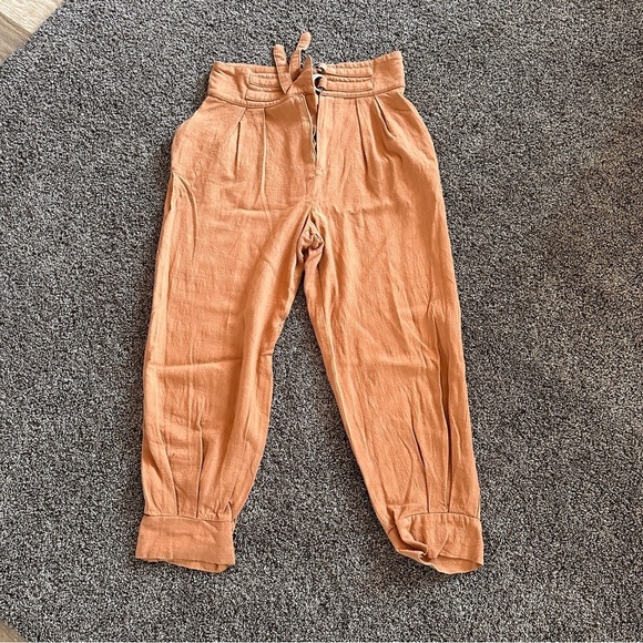 ILLA ILLA Pants - ILLA ILLA Orange /Tan High Waist Linen Blend Paperbag Pants Women’s M Boho Chic